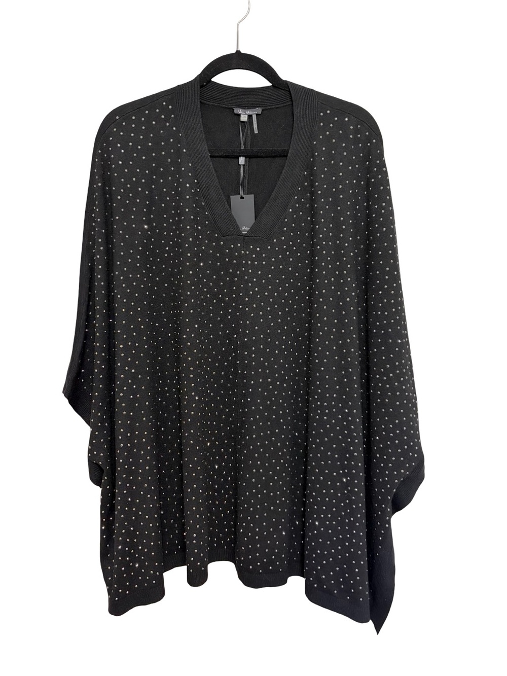 NEW Vila Milano Wool Blend Rhinestone V-Neck Poncho in Black Sparkle - Size L/XL